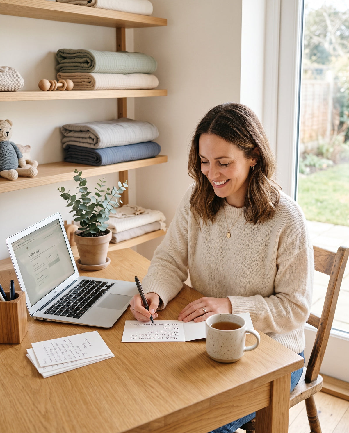 A member of the Nurturi care team writing a note at a sunlit desk