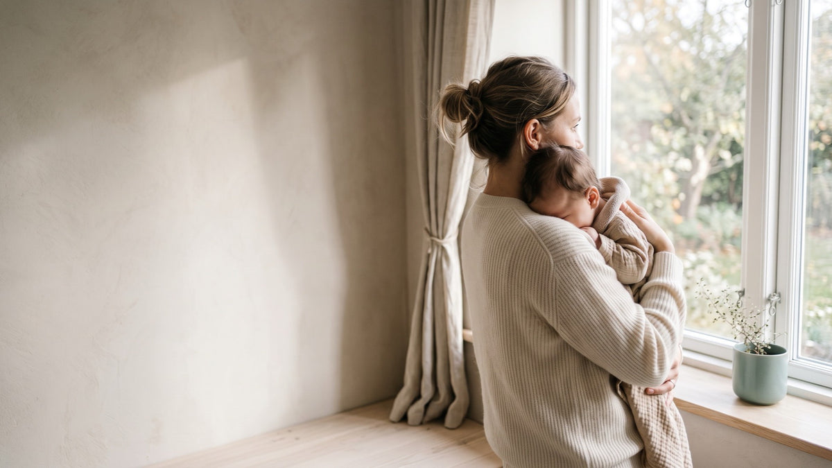 Mother holding her baby beside a bright window