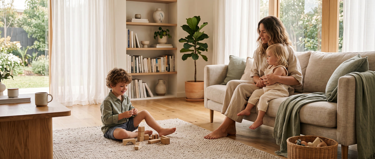 A calm family morning at home in soft natural light
